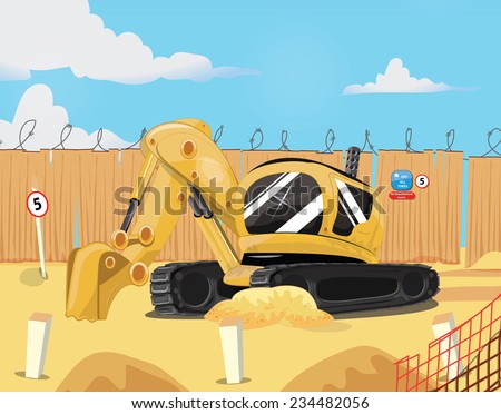 Excavator or digger, A yellow construction excavator or digger with caterpillar tracks and a digging bucket.