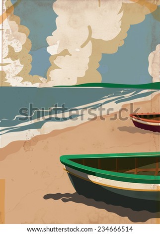 Vintage Beach Poster, A vintage Beach location scene with two wooden boats, a beach and a ocean.