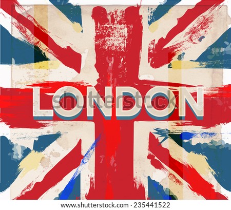 Classic London Union Jack poster. A vintage style worn union jack london travel poster.