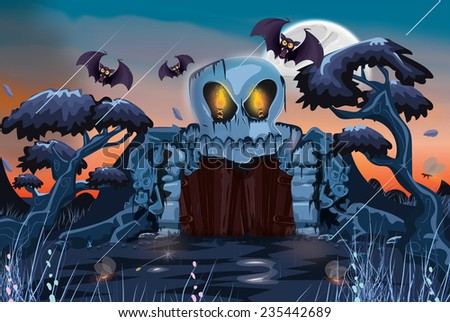 Scary Skull Castle, A Creepy and scary skull castle in the evening with wild flying bats.