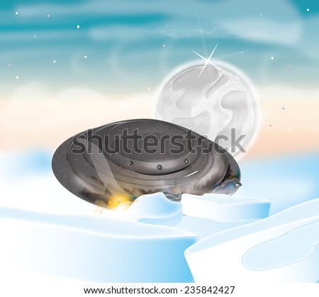 Crashed UFO alien spaceship, Cartoon alien spacecraft crashed and burning in the arctic landscape.