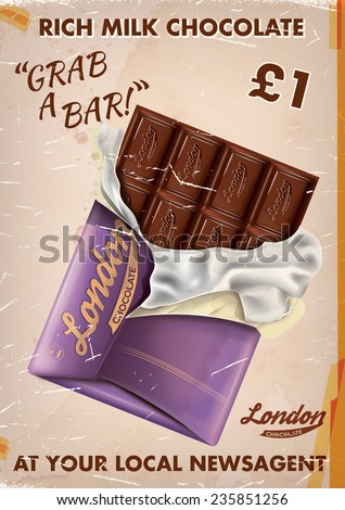 Vintage Chocolate bar advert. Classic or vintage commercial advertising a milk chocolate bar.