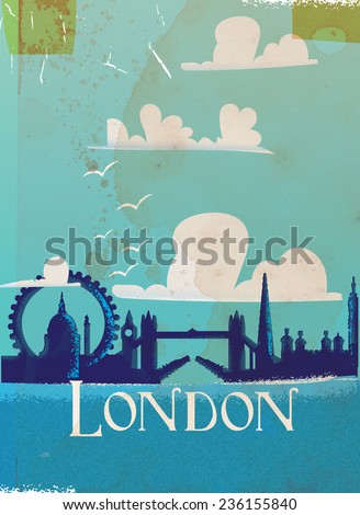 London, England Vintage travel poster. A Classic or vintage style travel poster to the city of London, Featuring some its world famous landmarks.