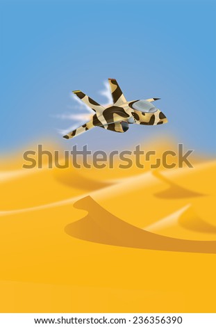 A Desert jet plane flying over sand dunes. A detailed military plane flying fast over the desert.