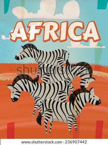 vintage Africa travel poster. A classic and vintage African wildlife vacation travel poster featuring four zebras.