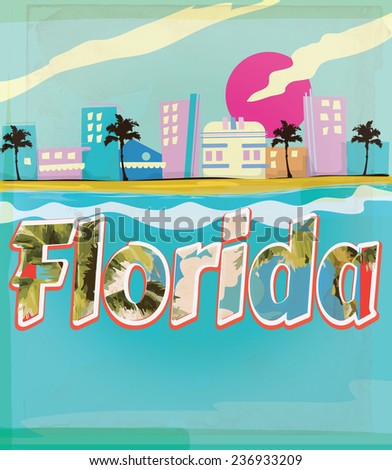 Florida travel poster, Classic florida vacation poster. featuring a scenic and cartoon style retro florida buildings.