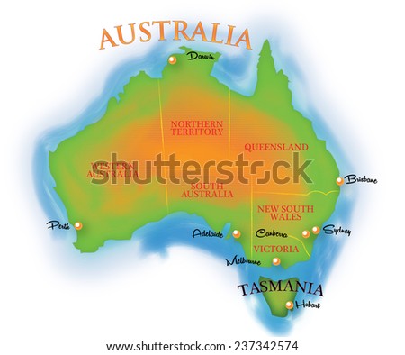 Map Of Australia and Tasmania, A Visual map of the main city locations of Australia and Tasmania