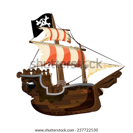 Pirate Ship.  A wooden pirate ship with striped sails, wooden hull and pirate ship flag.