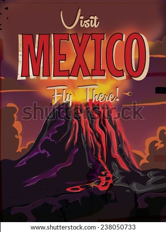 Visit Mexico - fly there. Vintage mexican volcano travel poster, featuring an erupting mexican volcano PopocatÃ?Â©petl.