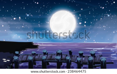 Moonlit boardwalk. A old wooden boardwalk out into the ocean at night, in the background is a large bright moon.
