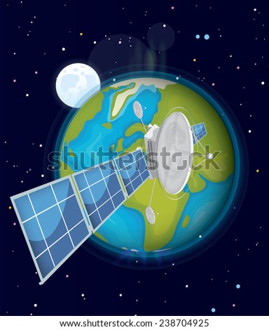 Satellite orbiting the planet earth. A communication satellite orbiting the planet earth, in the distance you can also see the moon.