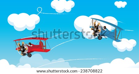 Red baron bi plane fighting a blue plane behind a blue sky. A vintage red bi-plane aircraft with rotating propellers.