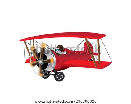 Red baron bi plane. A vintage red bi-plane aircraft with rotating propellers.