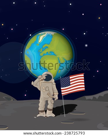 Astronaut on the moon. An American astronaut walking on the lunar surface with the earth in the background.