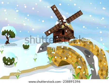 Holland windmill in the snow. A cartoon wooden windmill and bridge in the snow at wintertime.