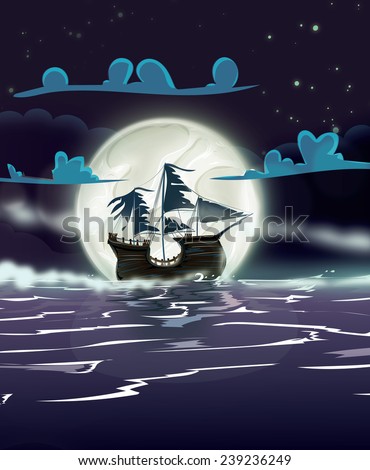 Scary Ghost Ship. A creepy old wooden ghost ship with ripped sails on a still ocean at night, the moon is in the background.