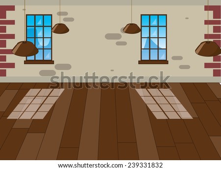 A Warehouse. A warehouse, this is a old fashioned warehouse room with lighting and two windows, the floor is wood and the walls are brick.