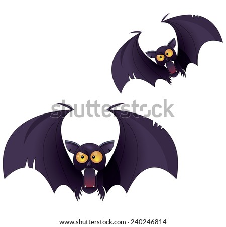 Flying cartoon bats. Two flying cartoon bats with large wings and large yellow eyes.