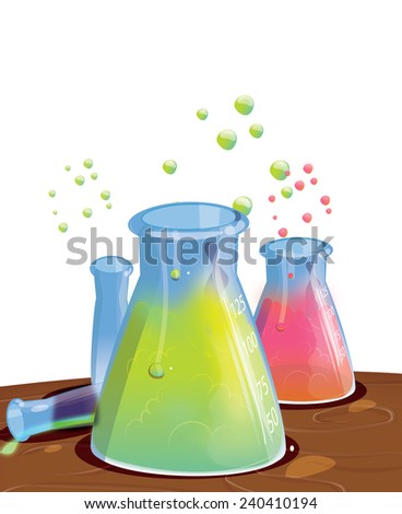 Test tubes science equipment, test tubes and flasks on a wooden bench, bubbles rise from the chemical reaction inside the glass test equipment,