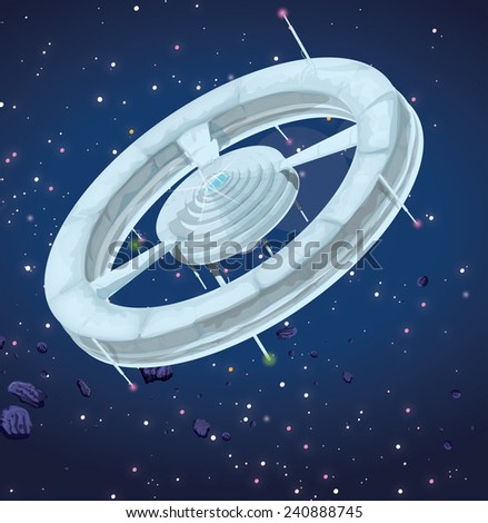 Space Station. A futuristic style space station, this space outpost is circular, behind it is a star field and asteroids.