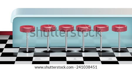 Diner Restaurant. A vintage diner restaurant table and red leather stools, the floor is checkerboard.