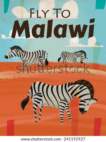Fly To Malawi vintage travel poster. A classic vacation poster to malawi.