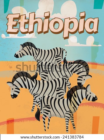 Ethiopia vintage travel poster. A classic or vintage zebra Ethiopian vacation poster.