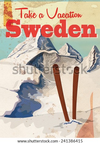 Vintage Sweden travel poster. A old or vintage swedish ski travel poster.