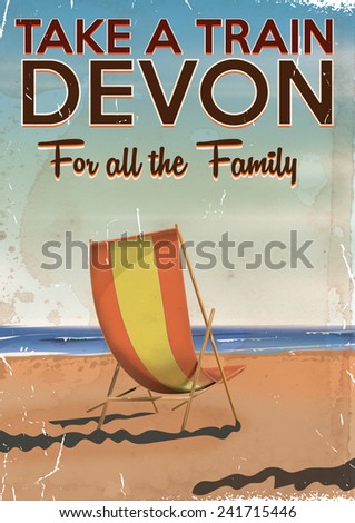 Vintage Devon travel poster. A classic Devon beach poster featuring a deck chair on a beach on a sunny day.