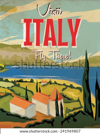 Visit Italy vintage travel poster. Visit Italy classic vacation poster.
