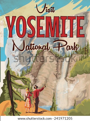 Visit Yosemite national park travel poster. Yosemite vintage travel poster.
