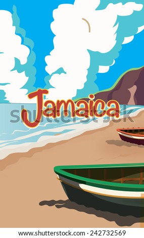 Jamaica travel poster. A vacation poster to the island of Jamaica featuring a boat and a beach.