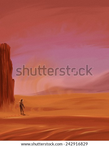 Explorer walking on Mars. A astronaut explorer walking on the surface of another planet, perhaps mars, the dunes are at the foreground, there is a light breeze blowing.