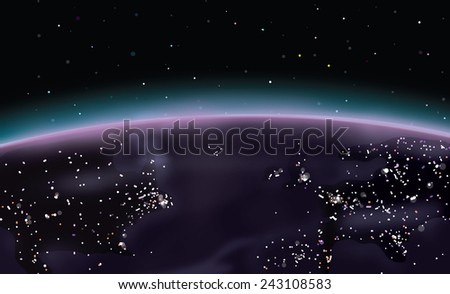 Earth at night. the planet Earth at night, the horizon is glowing and below city lights can be seen.