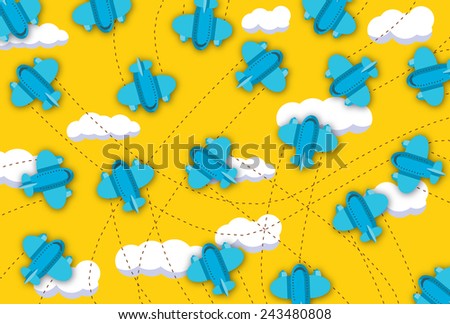 Cartoon Toy Planes, a collection of cartoon blue planes spinning around in the sky in this cartoon yellow,white and blue pattern.
