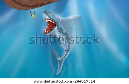shark grabbing a fishing line. A dangerous shark with large teeth grabbing at a fishing line.