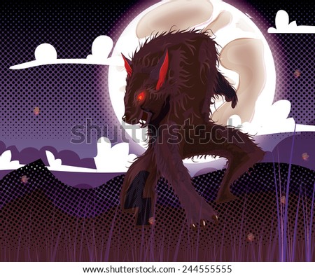 Werewolf.  A horror movie Werewolf at night under a large full moon,