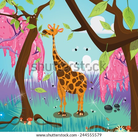 Cute giraffe eating leaves. A cute and funny tall giraffe eating leaves from a tall tree.