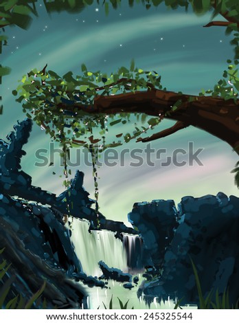 Jungle river, A illustration of a jungle river canyon, vines hang from the branch as the sky above has wispy clouds.