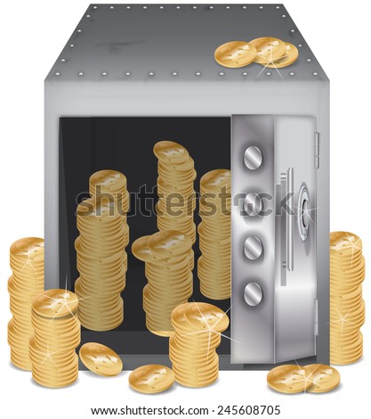 Open safe. A open bank safe with a large pile of gold coins stacked up inside and outside of the bank volt.