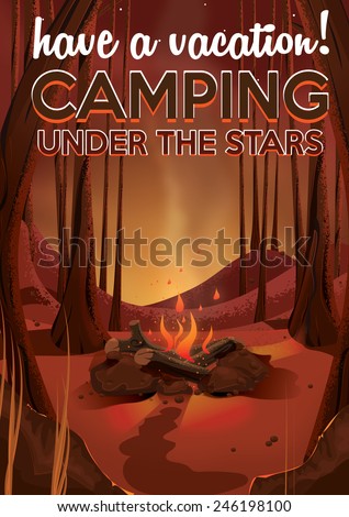 camping vintage poster. A vintage camp fire travel poster. this is a camp fire in the evening in the woods.