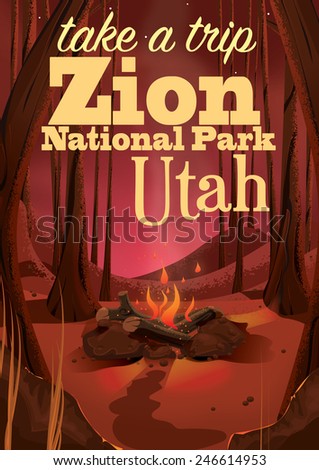 Zion national park utah, Zion national park utah cartoon woodland travel poster
