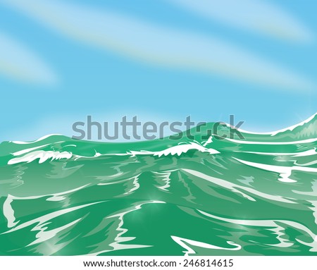 ocean, a slightly stormy ocean sea on a sunny day, wispy clouds float in the air and white surf swirls on the sea.