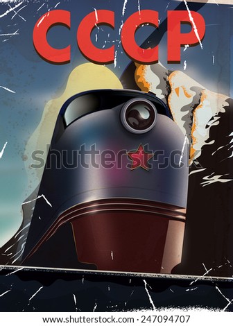 CCCP Soviet travel poster, a vintage soviet style vacation poster featuring a science fiction style train.