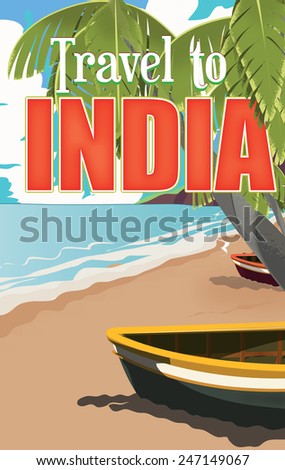 Travel to India, Indian vintage vacation art, a indian beach poster featuring a sandy beach and a fishing boat.