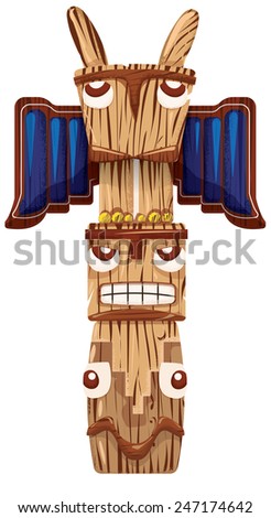 totem pole, A carved wood totem pole with three faces and wings.
