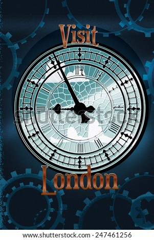 Visit London, Visit London big ben victorian travel poster featuring the clock tower.
