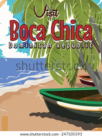 Boca Chica travel poster, Boca Chica travel holiday poster art featuring a sandy beach and a fishing boat.