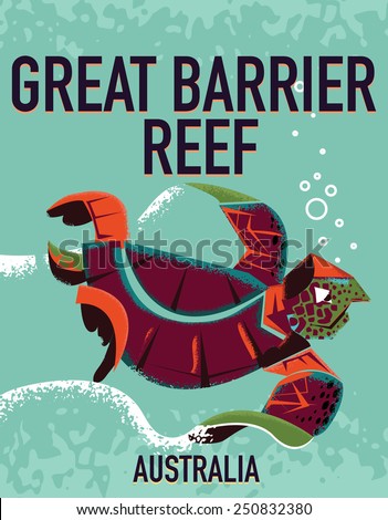 Great Barrier Reef vintage travel poster - A Great Barrier Reef vintage vacation poster featuring a sea turtle in a vintage style.