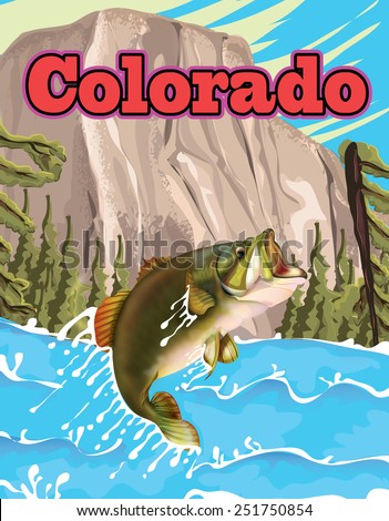 Colorado vintage fishing print, A Colorado state holiday travel poster featuring a landscape and a jumping carp fish.